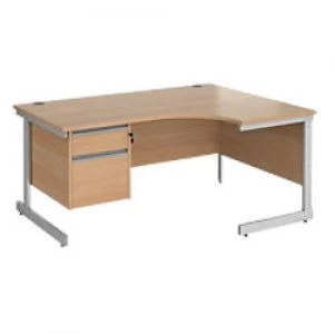 image of Right Hand Ergonomic Desk with 2 Lockable Drawers Pedestal and Beech Coloured MFC Top with Silver Frame Cantilever Legs Contract 25 1600 x 1200 x 725