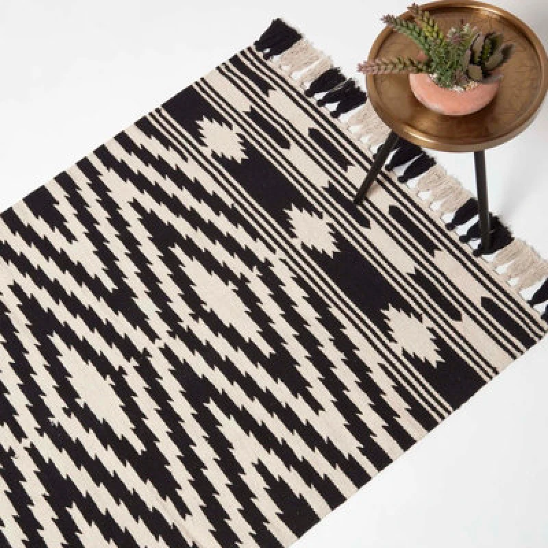 Image of Homescapes Dinan Black & White Kilim Cotton Rug Black