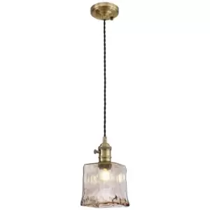 Image of Luminosa Lighting - Luminosa Leyden Switched Ceiling Pendant 1.5m, E27, Antique Brass, Black Twisted Cable, Brown Square Glass