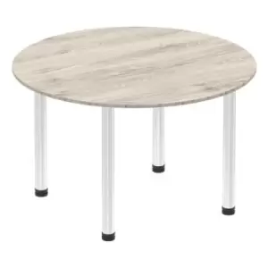 Image of Impulse 1200mm Round Table Grey Oak Top Chrome Post Leg