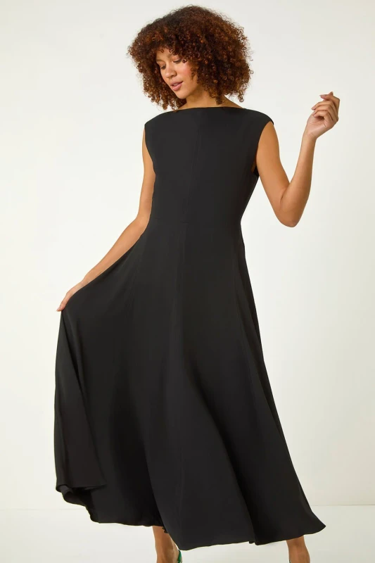 Image of Roman Womens Fit & Flare Midi Dress in Black Size: 16 Black Female 16