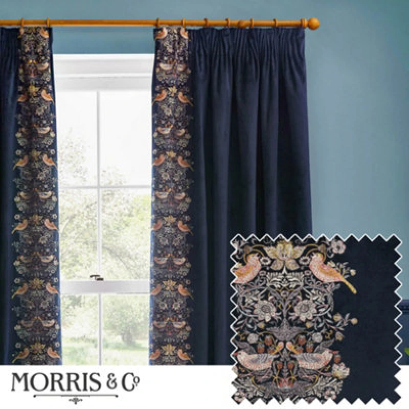Image of Morris & Co Morris & Co Strawberry Thief Embroidery Embroidered Velvet Room Darkening Pencil Pleat Curtains in Indigo Size: 117cm width x 137cm drop
