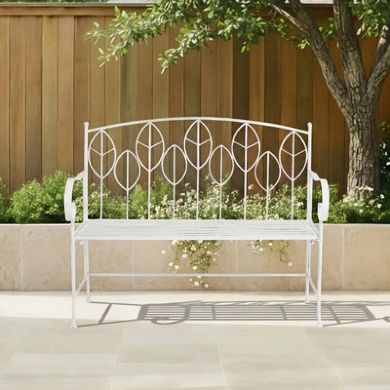 Image of Charles Bentley Antique White Leaf Design Rustic Metal Garden Bench