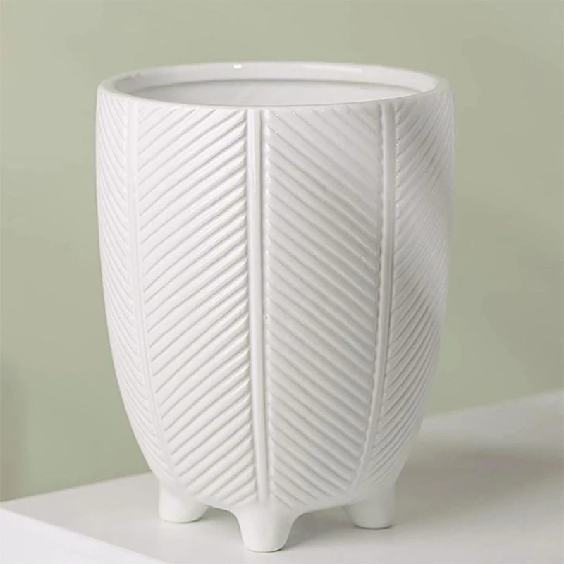 Image of Leaf Tall Ceramic Planter Plant Pot With Feet White Stripe 15 x 15 x 19cm White
