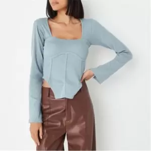 image of Missguided Rib Asymmetric Corset Milkmaid Top - Blue