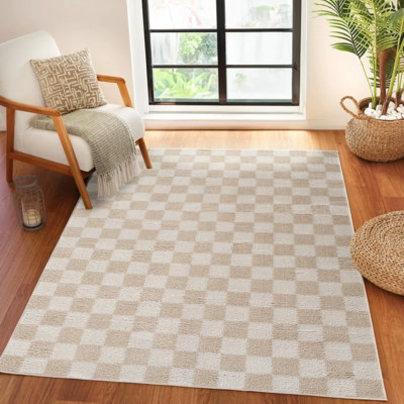Image of Livabliss Machine Washable Checkered Shaggy Beige Izaline Area Rug 200 X 275cm - Easy Care, Non Shedding, Ideal For Living Room & Bedroom