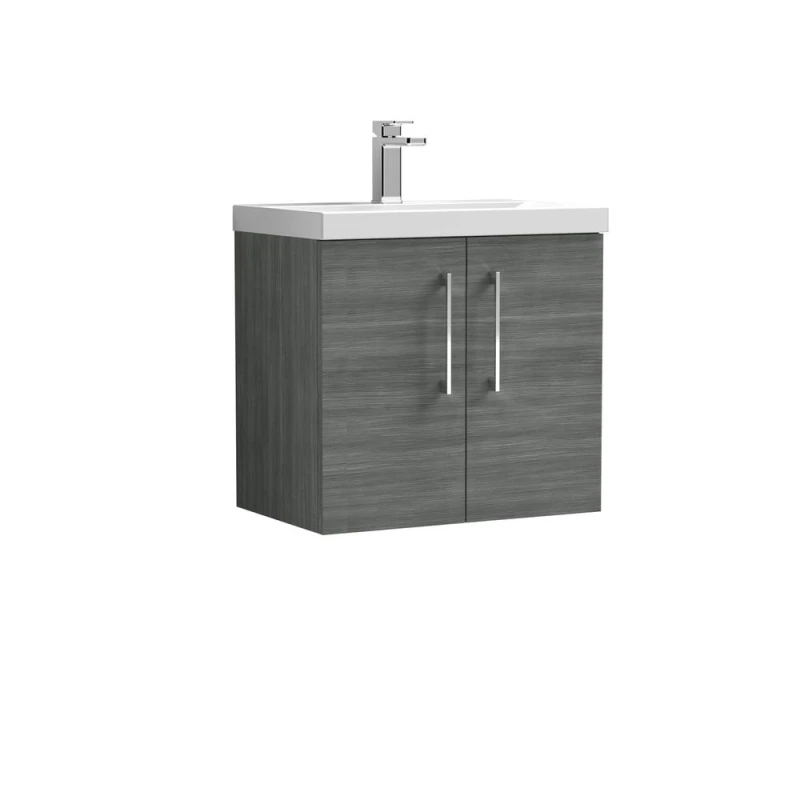 Image of Balterley Contemporary Bathroom Wall Hung 2 Soft-Close Door Vanity Unit & Mid-Edge Ceramic Basin, Anthracite Woodgrain, 600 mm in Grey Grey Unisex