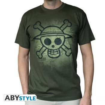 Image of One Piece - Skull With Map Used Mens Large T-Shirt - Green