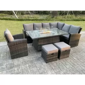 Image of Fimous 7 Seater Outdoor Dark Grey Rattan Lounge Complete Sofa Set Right Side with Gas Fire Pit and 2 Stools