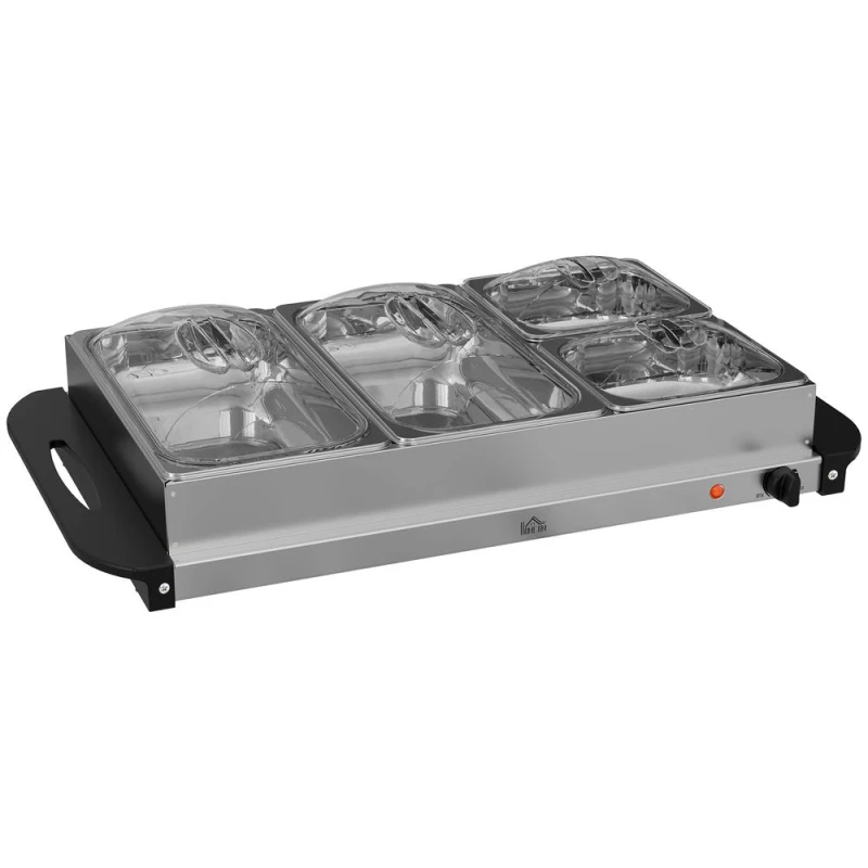 Image of HOMCOM 300W Electric Buffet Server With Cool Touch Handles 2 X 2.4L 2 X 1L Pans, Silver 800-173V70SR