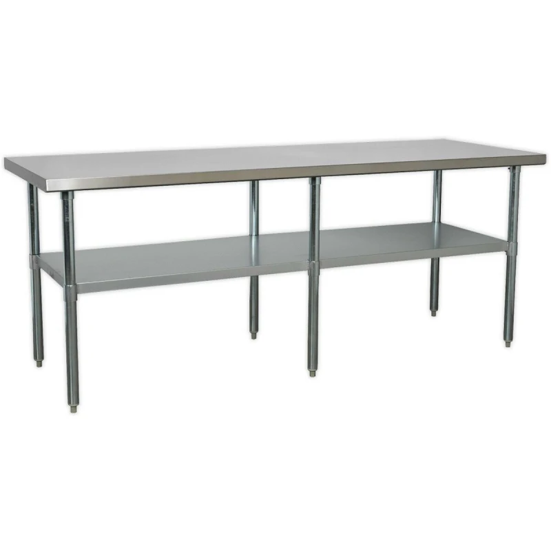 Image of Loops 2.1m Stainless Steel Work Bench & Adjustable Storage Shelf - Kitchen Station Metallics