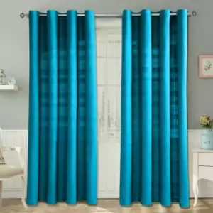 Image of Homecapes Cotton Rajput Ribbed Teal Curtain Pair, 54 x 54' Drop - Blue