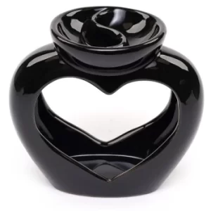 Image of Black Ceramic Heart Shaped Double Dish and Tea Light Oil and Tart Burner