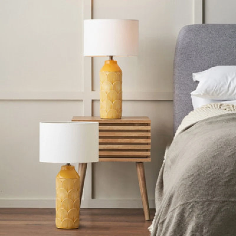 Image of Pacific Lifestyle Set Of 2 Bethan Embossed Mustard Ceramic Table Lamp