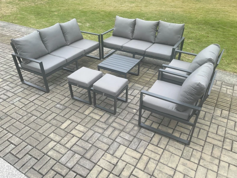 Image of Fimous Aluminium Patio Outdoor Garden Furniture Lounge Sofa Set with Square Coffee Table 2 Chairs 2 Small Footstool Dark Grey Dark Grey Unisex