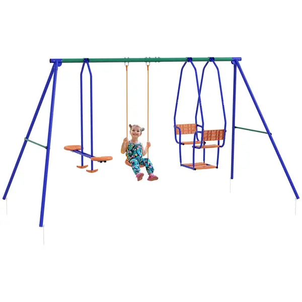 image of Outsunny 3 in 1 Garden Swing Set with Single Swing, Glider, Rocking Chair Swing, Orange Orange