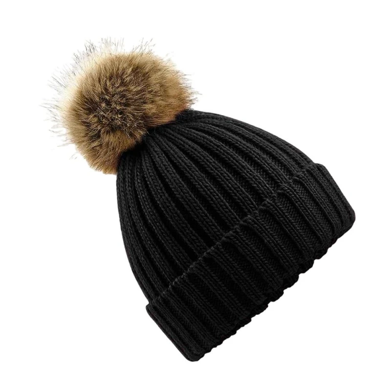 Image of Beechfield Beechfield Fur Pop Pom Chunky Beanie in Black One Size Unisex 5063470759149