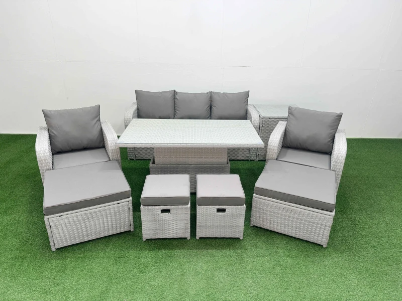 Image of Fimous 9 PCs High Back Reclining Chair Sofa Dining Set Rising Table Stools in Light Grey Light Grey Unisex
