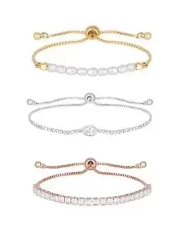 image of Mood Tri Tone Crystal And Pearl Pretty Toggle Bracelets - Pack of 3, Silver, Women