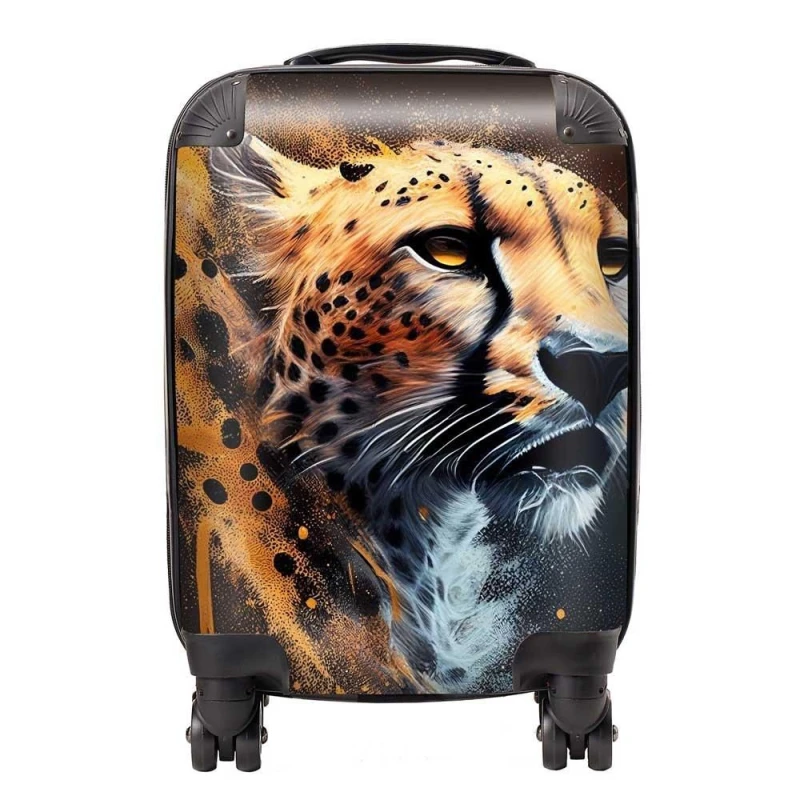 Image of Warren Reed - Designer Cheetah Face Splashart Dark Background Suitcase in Yellow Size: Small Yellow Unisex Small