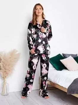 image of Long Tall Sally Satin Multi Floral Pj Set, Blue, Size 14-16, Women