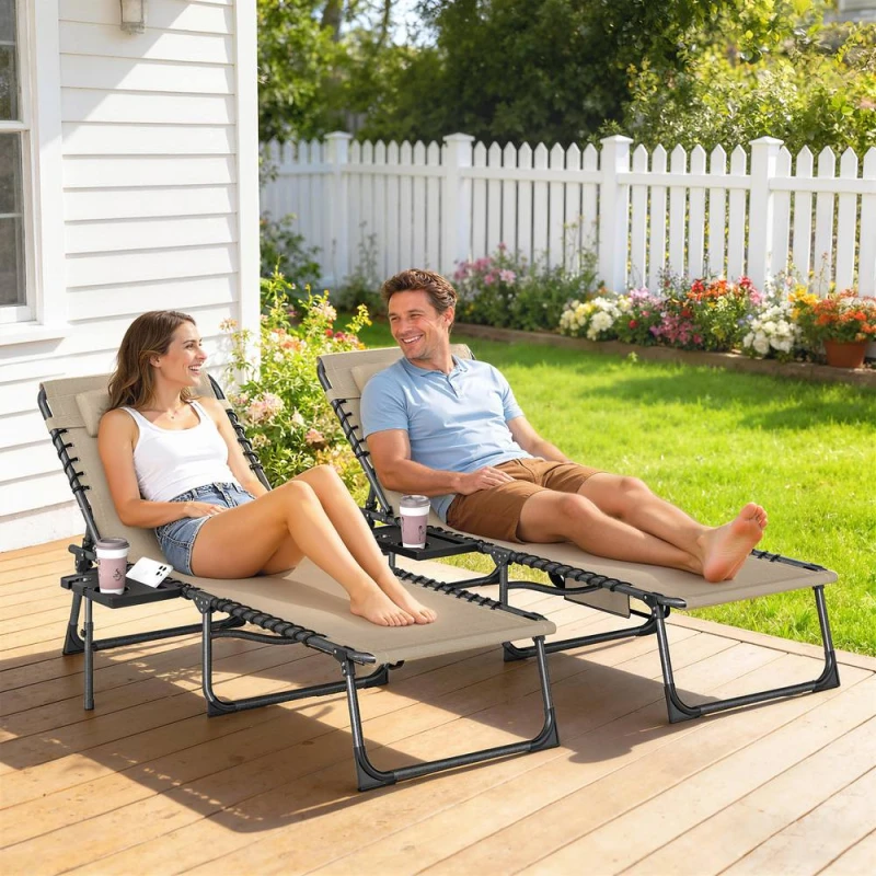 Image of OUTSUNNY Folding Sun Loungers with 5-Level Back, Cup Holder in Beige Size: 190cm x 60cm Beige Unisex 190cm x 60 cm