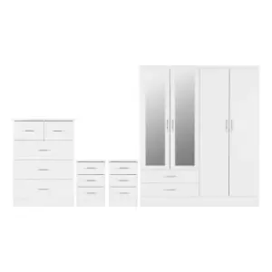 image of Seconique Nevada 4 Door 2 Drawer Wardrobe Bedroom Set - White Gloss