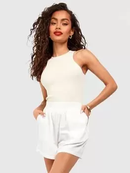 Image of Boohoo Racer Neck Rib Knit Crop Top - Ecru, Cream, Size L, Women