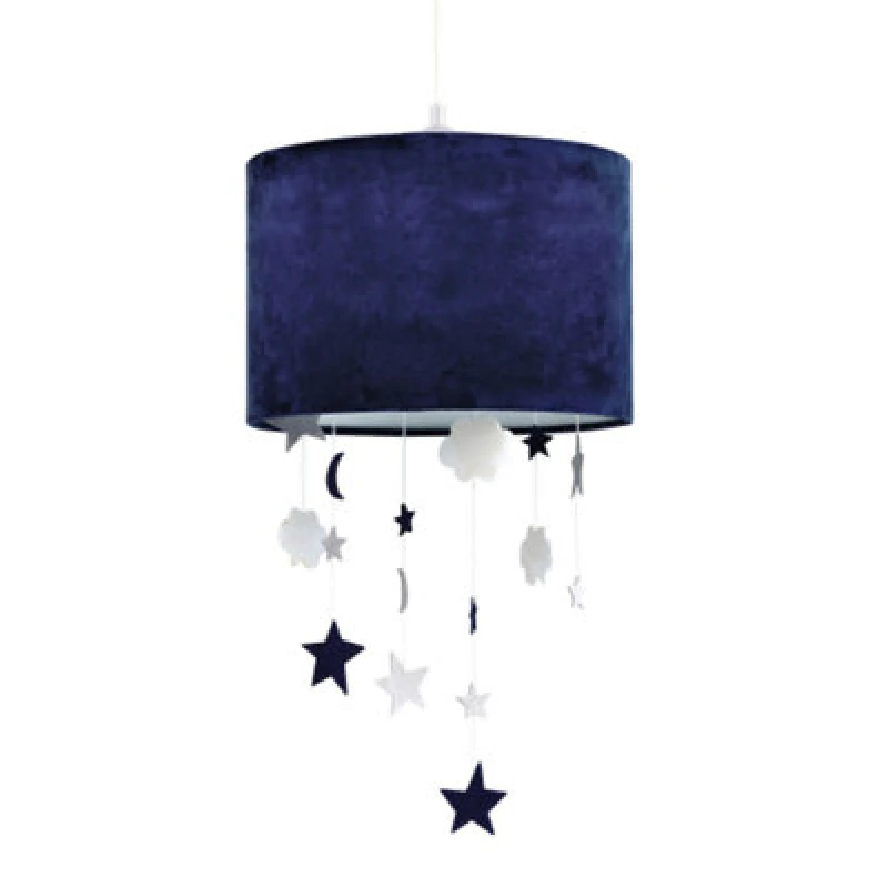 Image of Happy Homewares Soft Midnight Blue Velvet Pendant Lamp Shade With Hanging Felt Stars And Clouds