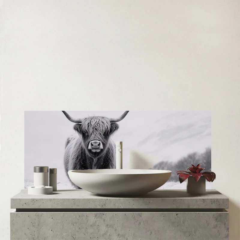 Image of Warren Reed - Designer Lone Highland Cow Glass Bathroom Splashback in White White Unisex