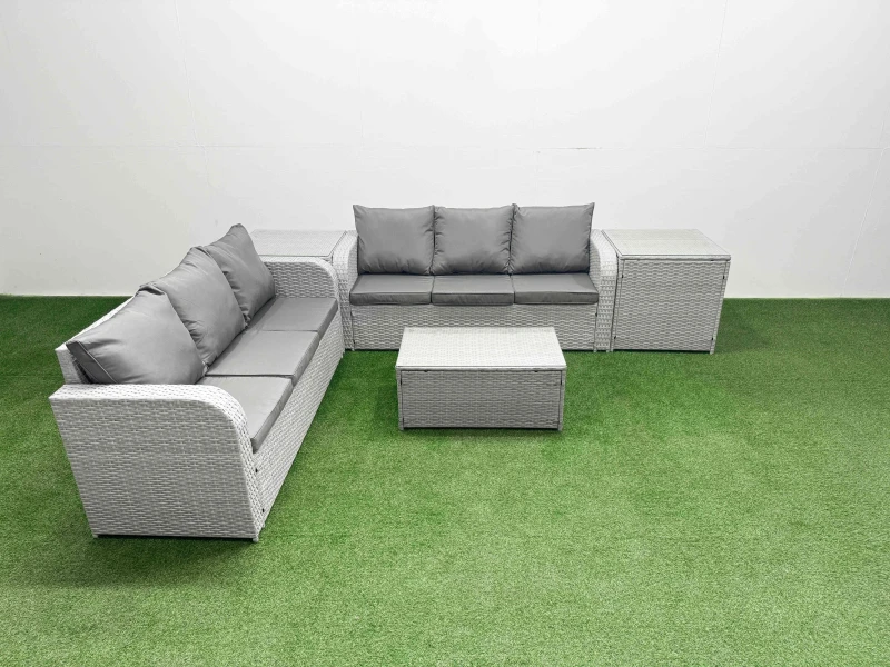 Image of Fimous Outdoor Garden Furniture Sets 6 Seater Wicker Rattan Furniture Sofa Sets with Rectangular Coffee Table high Back Lounge Sofa 2 Side Table Light