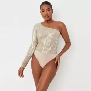 Image of Missguided Coord One Shoulder Plisee Bodysuit - Gold
