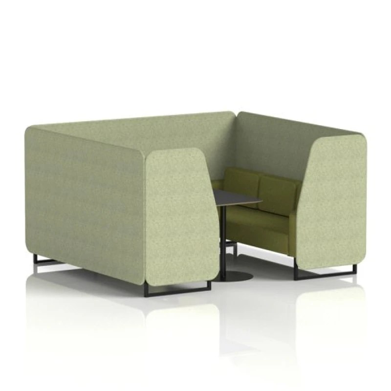 Image of Brixworth 6 Seater Office Booth with Front Panel - Black Legs and Black Table with Black Leg in Rivet Fabric - Burnish Panels and Olive Sofa
