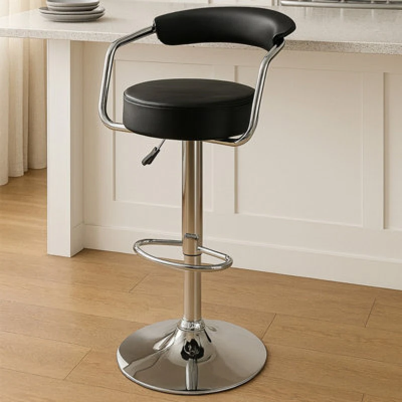 Image of Premier Housewares Leather Effect Bar Chair, Comfortable Seating Breakfast Bar Chair, Footrest Living Bar Chair Kitchen Black