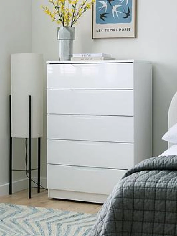 Image of One Call Furniture Antibes 5 Drawer Chest Ready Assembled Gloss White LEWC5