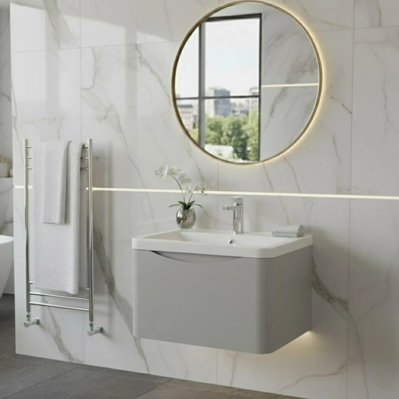 Image of Lunar Wall Mounted 1 Drawer Vanity Unit with Polymarble Basin Satin Grey