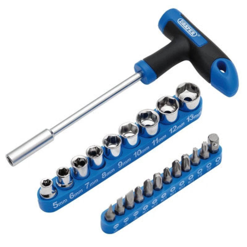 Image of Draper T-Handle Screwdriver, Socket And Bit Set, 1/4" Sq. Dr. (22 Piece) 21011