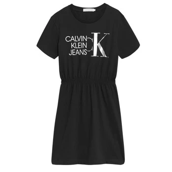Image of Calvin Klein Jeans HYBRID LOGO T-SHIRT DRESS Girls Childrens dress in Black - Sizes 8 years,10 years,12 years,14 years,16 years