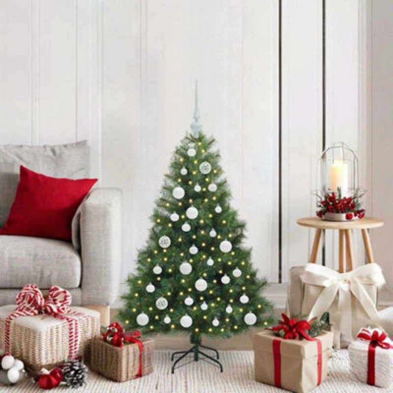 Image of vidaXL Artificial Christmas Tree with 150 LEDs, White Balls Green 120 x 74cm PE and PVC, Green 3397760