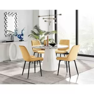 Image of Furniture Box Palma White Marble Effect Round Dining Table and 4 Mustard Pesaro Black Leg Chairs