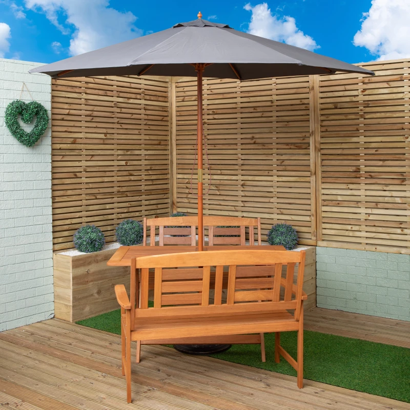 Image of Outdoor 4 Person Folding Rectangular Wooden Garden Dining Table Benches Grey Parasol and Base Set