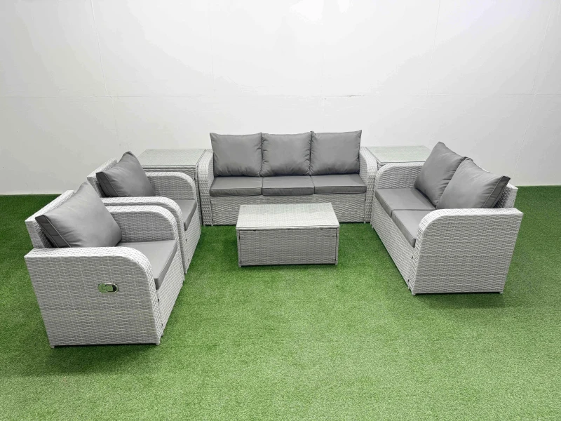 Image of Fimous PE Rattan Garden Furniture Set Adjustable Chair Sofa Double Love Seat 2 Seater Sofa Lounge Set Oblong Coffee Table 2 Side Table Light Grey Ligh