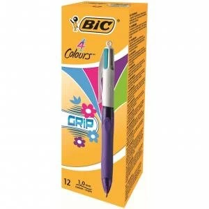 Image of Bic 4 Colour Grip Fashion Ballpoint Pen Assorted Pack 12 69108BC
