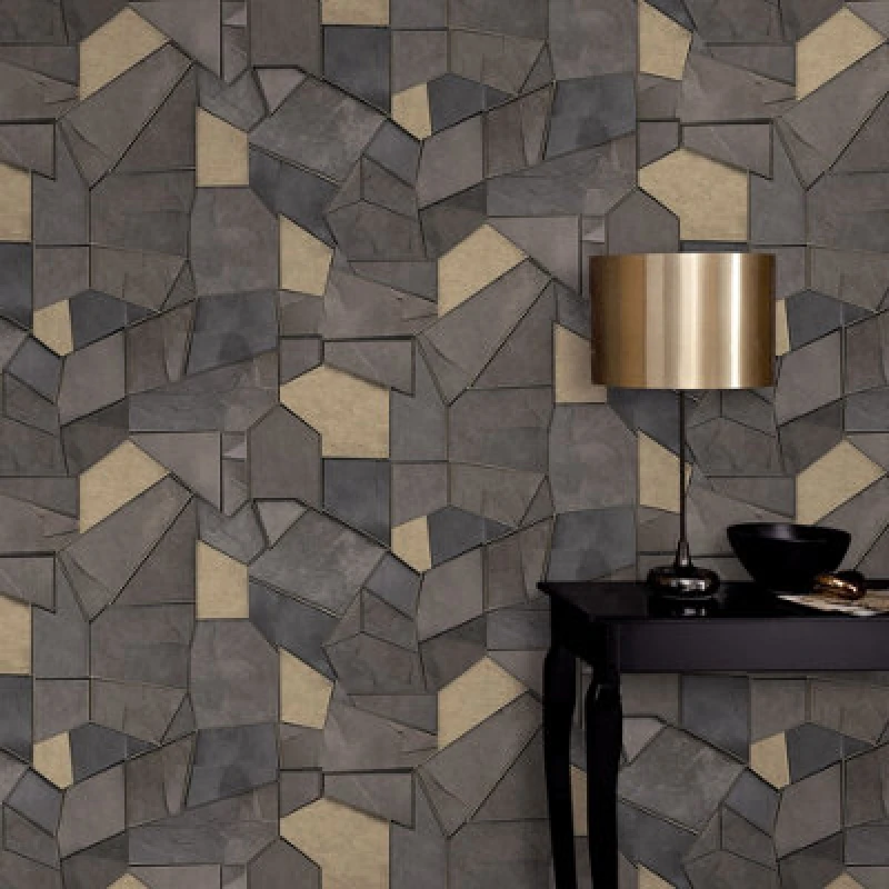 Image of Erismann Wallpaper Elle Decoration Mosaique Charcoal Grey and Gold Textured Vinyl Wallpaper by Erismann Grey