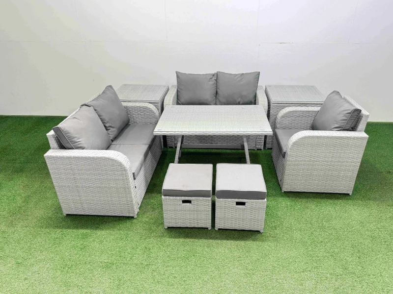 Image of Fimous 7 Seater Rattan Garden Furniture Sets Love Sofa Reclining Chair Set in Light Grey Light Grey Unisex
