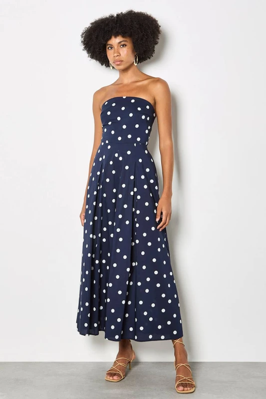 Image of Apricot Womens Polka Dot Bow Back Cotton Jumpsuit in Navy Size: 18 Navy Female 18