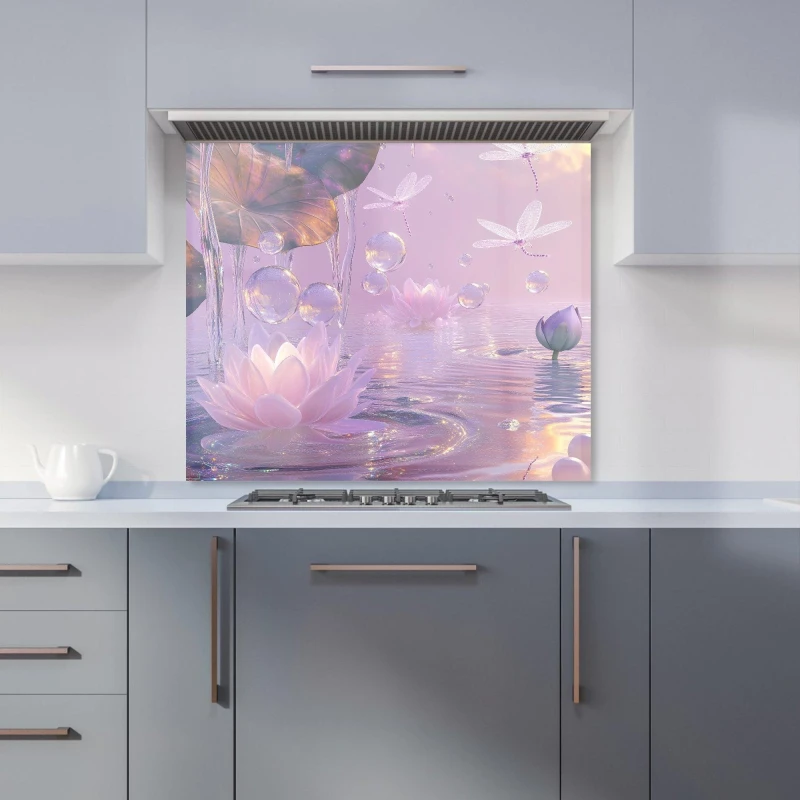 Image of Warren Reed - Designer Enchanted Waterlilies & Bubbles Kitchen Splashback in Purple Size: 600mm x 750mm Purple Unisex 600mm x 750mm