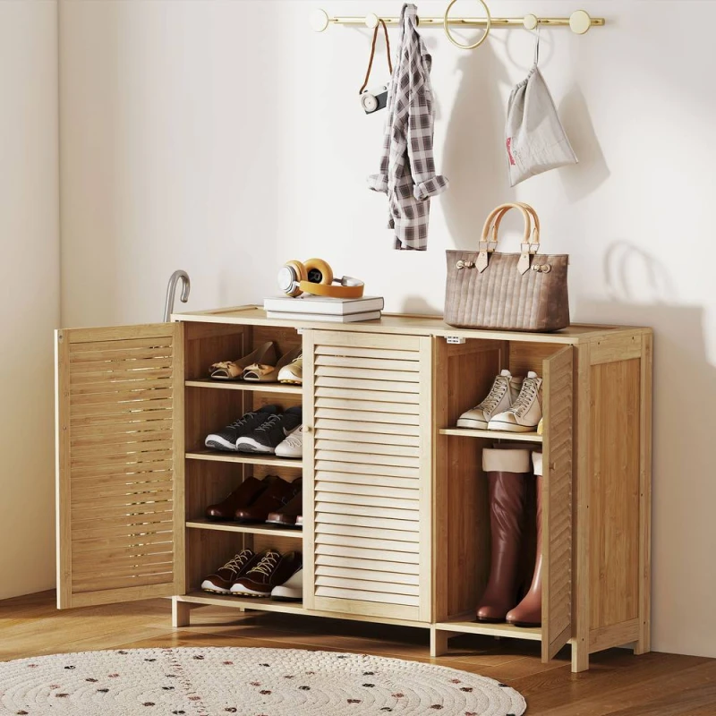 Image of HOMCOM Bamboo Shoe Cabinet with Louvered Doors 18 Pairs Shoe Storage Cabinet in Natural Size: Large Natural Unisex Large