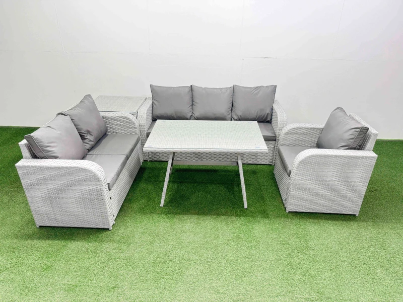 Image of Fimous Patio Dining Table & Chairs Set with Reclining Chair Side Table in Light Grey Light Grey Unisex