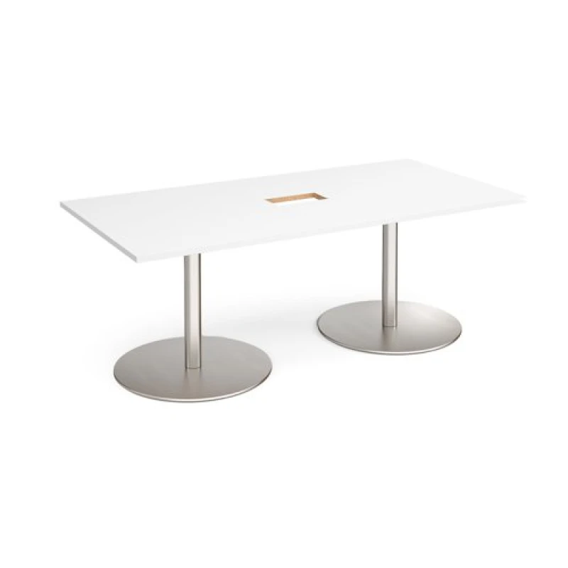 Image of Eternal Eternal rectangular boardroom table 2000mm x 1000mm with central cutout 272mm x 132mm - brushed steel base, white top White ETN20-CO-BS-WH